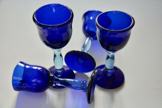 4 Tall Rick Strini Signed Art Glass Hand Blown Cobalt Blue Goblets
