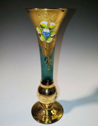 Murano Teal Blue Green Art Glass Bud Vase W/ Applied Flowers And Gold,  Label