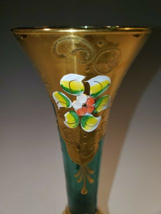 Murano TEAL Blue Green Art Glass BUD VASE w/ Applied Flowers and Gold,  LABEL 3