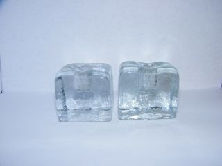 Blenko Handmade Glass Ice Cube Clear 1.  75 " Tall Square Candle Stick Holder Qty 2