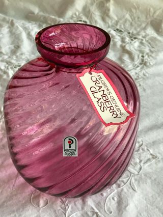 Pilgrim Glass Cranberry Swirl Vase W/tag