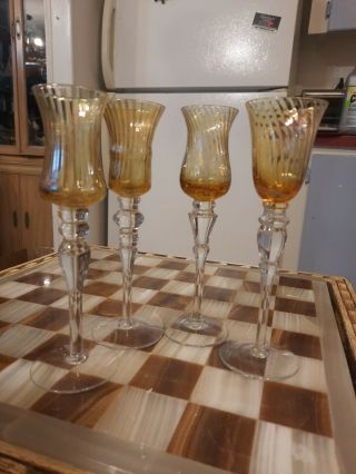 4 Elegant Wine Tasting Hand Blown Glasses,  Amber Iridescent,  Contemporary Glass
