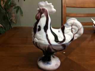 Vintage Westmoreland Rooster Covered Dish Purple Marble Slag Milk Glass