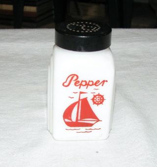 Vintage Mckee Red Sailboat Milk Glass Pepper Shaker,  W/black Lid