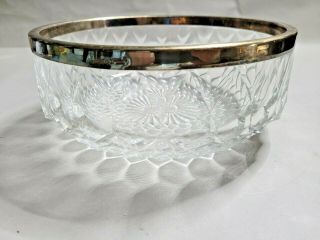 Vintage Heavy Crystal Cut Glass Serving Bowl Silver Plate Rim 8.  25 