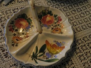 Vintage Italy Handpainted Handled Divided Serving Dish 3 Sections Floral Design