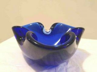 Vintage 60s 70s Murano Italy Art Glass Royal Blue Tri Ashtray Bowl