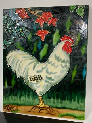 Glazed Majolica Cock Rooster Portrait Art Pottery Tile Wall Plaque