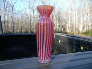 Vintage Fenton Or Other Maker Cranberry Striped Opalescent Vase