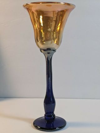 Rick Strini Signed Art Glass 9 " Wine Glass Blue Stem Gold Aurene Lustre Euc