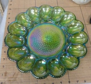 Vintage Fenton Green Iridescent Carnival Glass Hobnail Deviled Egg Platter Plate