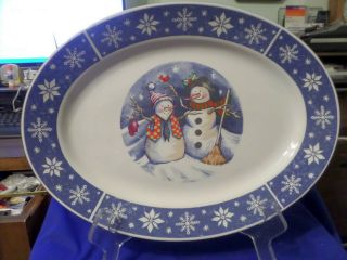 Crofton Snowmen Snowflakes C4r1 China 14 " Oval Ham Turkey Serving Platter Blue