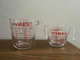 Vintage Pyrex 2 Cup And 1 Cup Measuring Cups 516and 508 D Handle Red Lettering