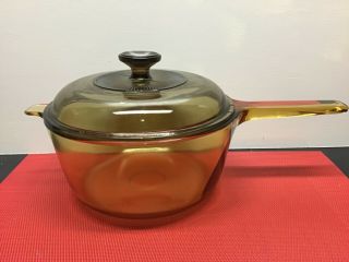 Vision Ware 2.  5 L Amber Glass Pot Sauce Pan With Pyrex Lid From France