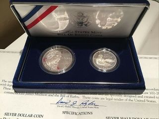 1993 Bill Of Rights 2 Coin Silver Proof Set W/ Rare Silver Half Dollar & Dollar