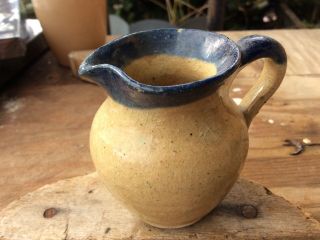 Vintage Crock Pottery Creamer Small Pitcher Tan With Blue Ring