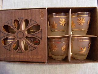 Set Of 8 Libby Frosted Gold Foliage Leaf 3.  5 " Old Fashioned Glasses Box