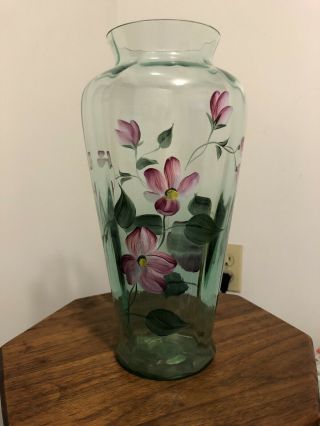 Fenton Glass Vase Hand - Painted And Signed Green With Dogwood Flowers