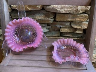 Two Vintage Opalescent Pink Ruffled Edge Hobnail Candy Dish Fenton 6 " Glass