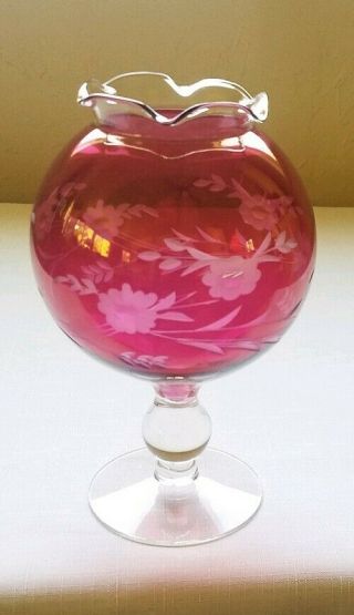 Vintage Round Cranberry Depression Glass Vase Etched Flowers Design And Swirl To