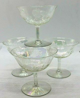 Vintage Optic Iridescent Etched Crystal Champagne Coupe Glasses,  Set Of Four