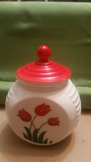 Fire King Vitrock Red Tulip Grease Jar W/lid