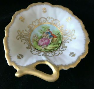 Vintage Lefton China Courting Couple Handled Dish Hand Painted 377 Pink & Gold