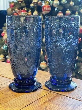 Princess House Fantasia Sapphire Blue 18 Oz Water Ice Tea Tumblers Glasses Set 2