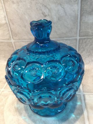 Vintage Le Smith Blue Moon & Stars Glass Footed Candy Compote Dish,  Covered Lid