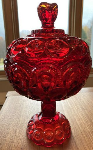 Vintage L.  E.  Smith Red Amberina 10 " Moon And Stars Candy Jar/compote With Lid