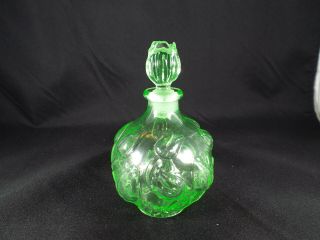 Depression Vaseline Uranium Green Glass Perfume Bottle W/tulip Design & Topper