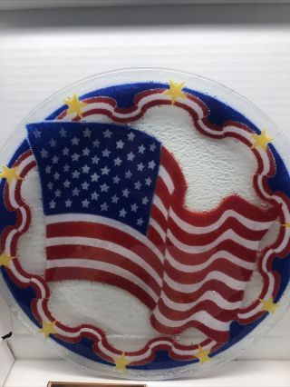 Vintage Peggy Karr Fused Glass 11 " Red White Blue American Flag Plate