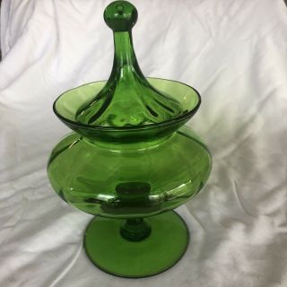 Vintage Italian Empoli Green Glass Candy Pedastal Bowl Finial Lid Hand Blown