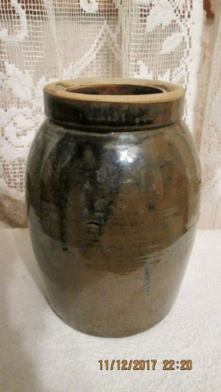 Vtg Dark Brown Over Black Stoneware Crock Jar With No Lid Brightly Glazed