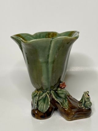 Vintage Hand Crafted Green Pottery Glazed Majolica Style Vase Planter With Frog
