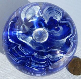 Vintage Art Glass Paperweight Blue & White Ribbon With Bubble Joe St Clair