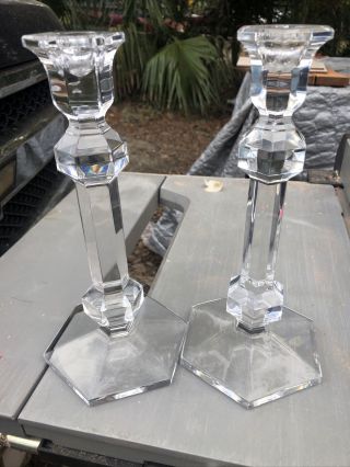 Pair Val St Lambert 9 3/8 X 4” Gardenia French Crystal Candle Holders Signed