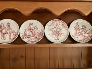 Vintage Ethan Allen Hand Crafted In Italy Wall Plates Set Of 4 Red Drawing/cream
