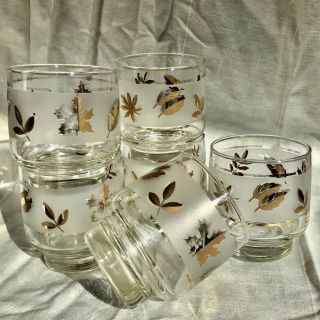 Vintage Libbey Mcm Frosted Gold Foliage High Baller Stacking Bar Glass Set Of 6