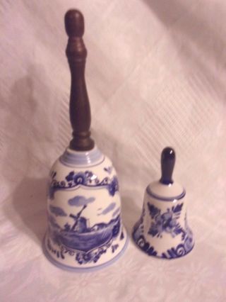 2 Delft Porcelain Dutch Blue & White Bells Windmill 7.  5 " And 4 " - Lotl