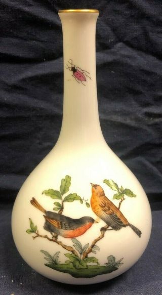 Herend Hungary Rothschild Hand Painted Porcelain Birds - Butterflies Bud Vase 5.  5”