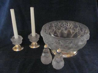 Vintage Frosted Crystal Bowl,  Silver Plate Base,  S&p Shakers,  Candleholders