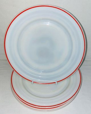 4 Hazel Atlas Moderntone Platonite White W/red Stripe 8 7/8 Dinner Plates Opaque
