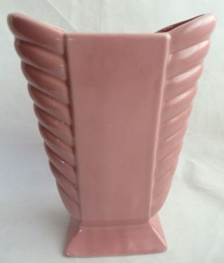 Vintage Usa Ribbed Vase Planter Art Deco Pink Tulip Flower Shape