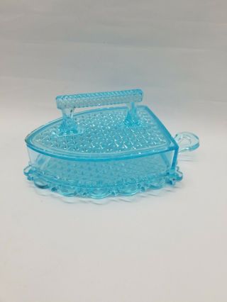 Vintage Turquoise Depression Glass,  Iron Shaped Covered Candy/trinket Dish W/lid