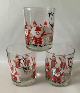 3 Georges Briard Signed Mid - Century Elf And Reindeer Highball Glasses
