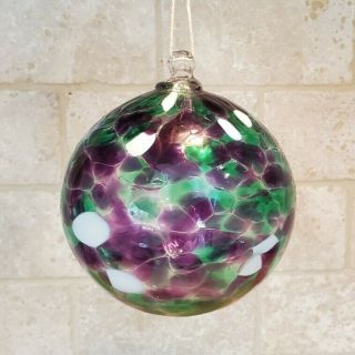 Large Hand Blown Art Glass Ornament Globe Suncatcher Purple Green And White