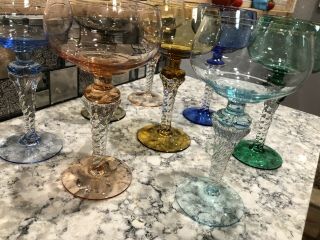 Vintage Multi Colored Clear Twisted Stem Cordial Liquor Wine Glasses Set Of 8