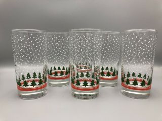 6 Libbey Christmas Glasses Winterland Green Trees Snow W/ Red Band