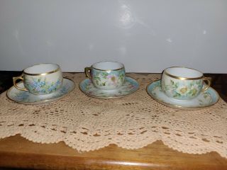 Antique China Cups & Saucers Vintage Set Of 3 Florals Hand Painted